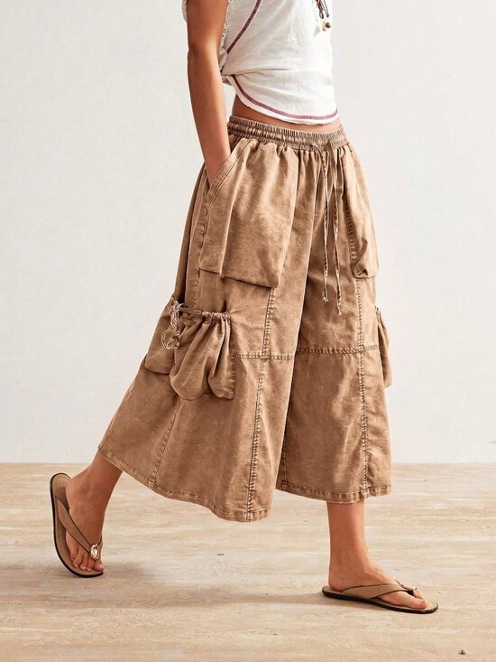 Pants - Brown Casual Women's Woven Capri Length Pants